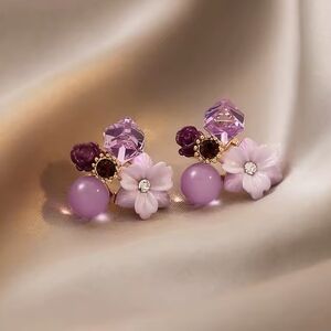 Purple Floral Crystal Stud Earrings | Elegant Bloom Design